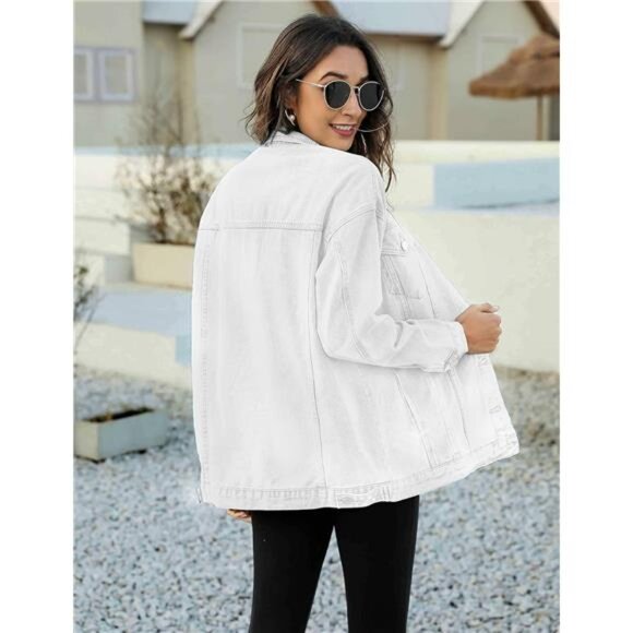 Women's Oversized Denim Jacket Distressed Lapel Button Up Long Sleeve